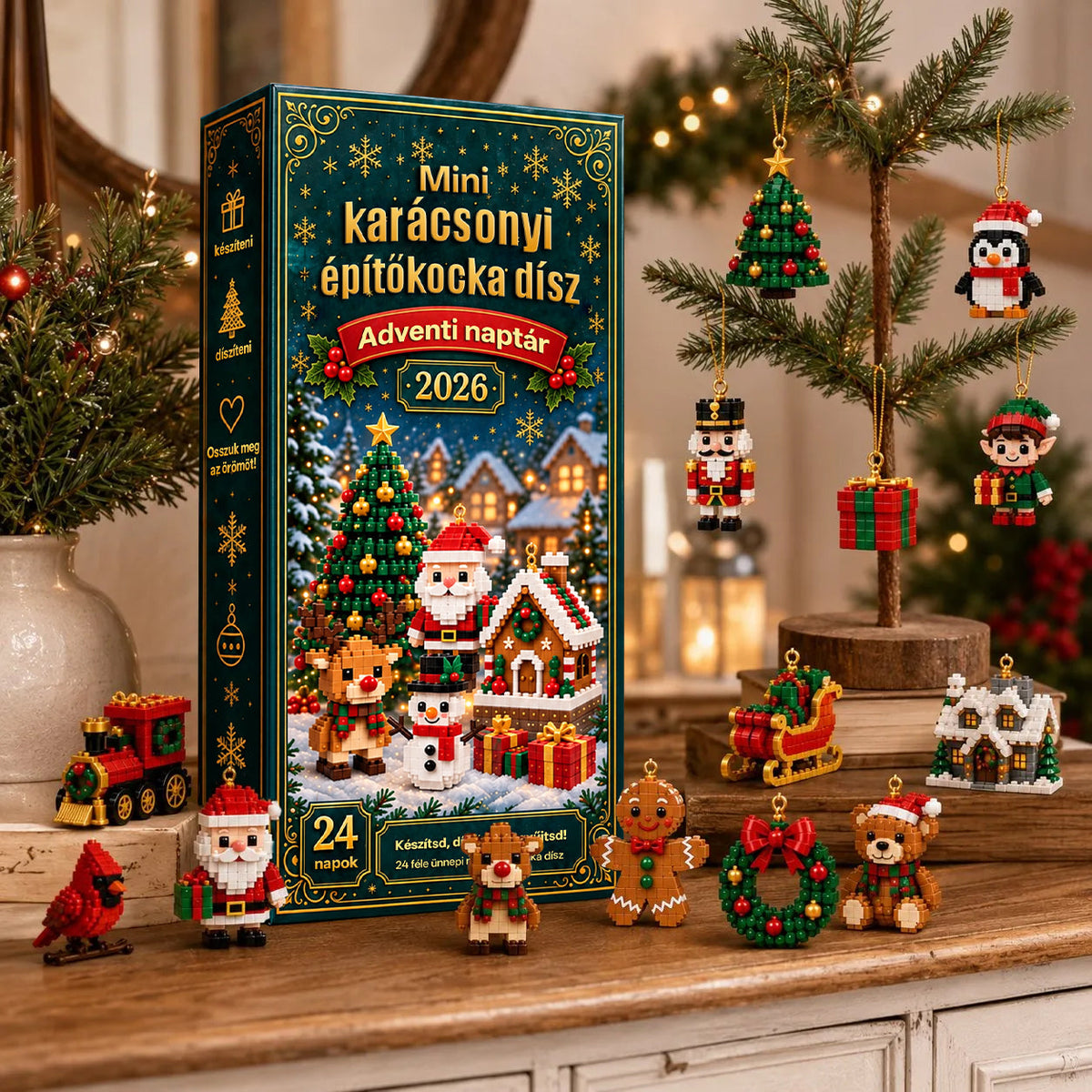 Billhol® 24 részes mini adventi naptár karácsonyi díszekkel | 24 egyedi, ünnepi minta saját kezű összeállításhoz, akasztókkal együtt – tökéletes karácsonyfák, koszorúk és ünnepi dekorációk díszítésére📦