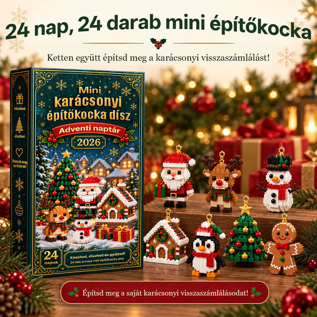 Billhol® 24 részes mini adventi naptár karácsonyi díszekkel | 24 egyedi, ünnepi minta saját kezű összeállításhoz, akasztókkal együtt – tökéletes karácsonyfák, koszorúk és ünnepi dekorációk díszítésére📦