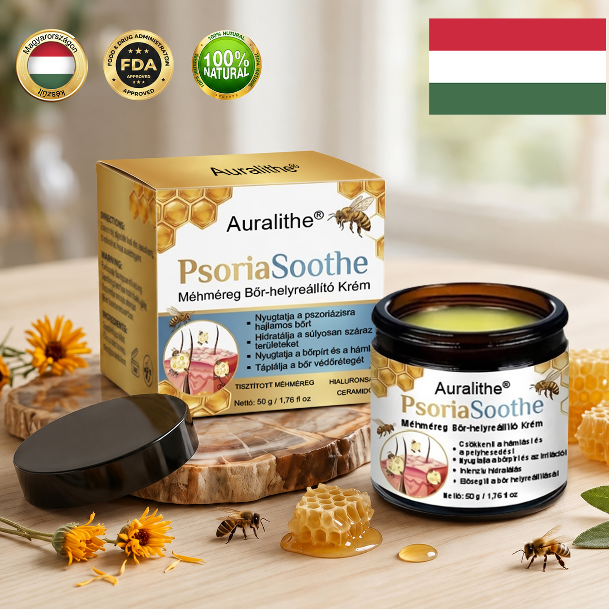 🐝 Auralithe® PsoriaSoothe – Szteroidmentes méhméreges krém viszkető, hámló és érzékeny bőrre ⭐⭐