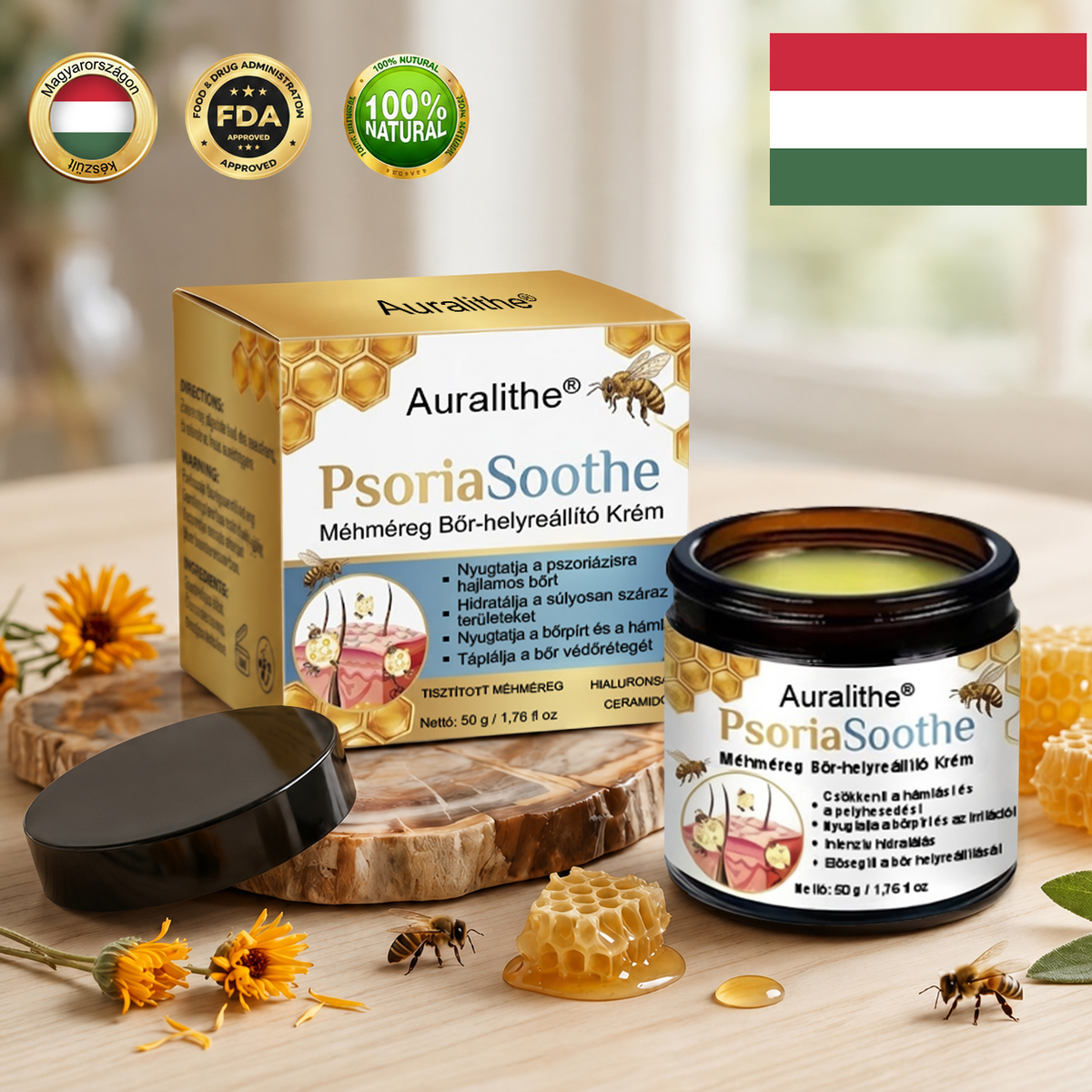 🐝 Auralithe® PsoriaSoothe – Szteroidmentes méhméreges krém viszkető, hámló és érzékeny bőrre ⭐⭐