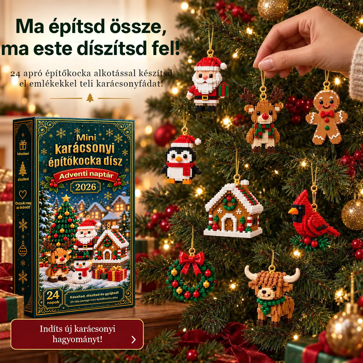 Billhol® 24 részes mini adventi naptár karácsonyi díszekkel | 24 egyedi, ünnepi minta saját kezű összeállításhoz, akasztókkal együtt – tökéletes karácsonyfák, koszorúk és ünnepi dekorációk díszítésére📦