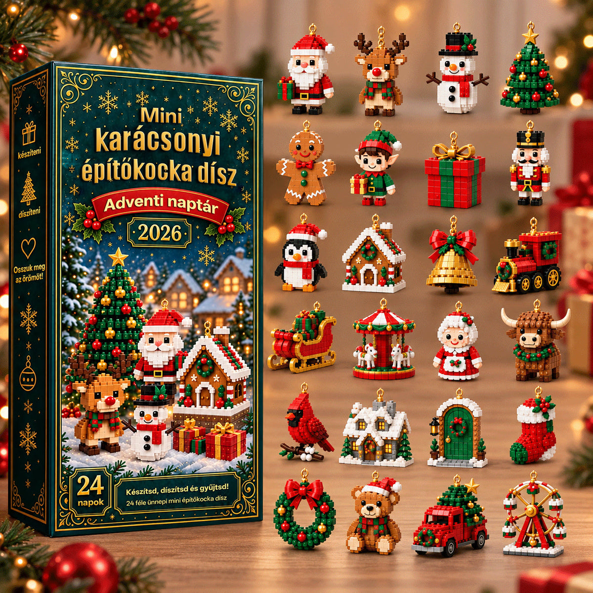 Billhol® 24 részes mini adventi naptár karácsonyi díszekkel | 24 egyedi, ünnepi minta saját kezű összeállításhoz, akasztókkal együtt – tökéletes karácsonyfák, koszorúk és ünnepi dekorációk díszítésére📦